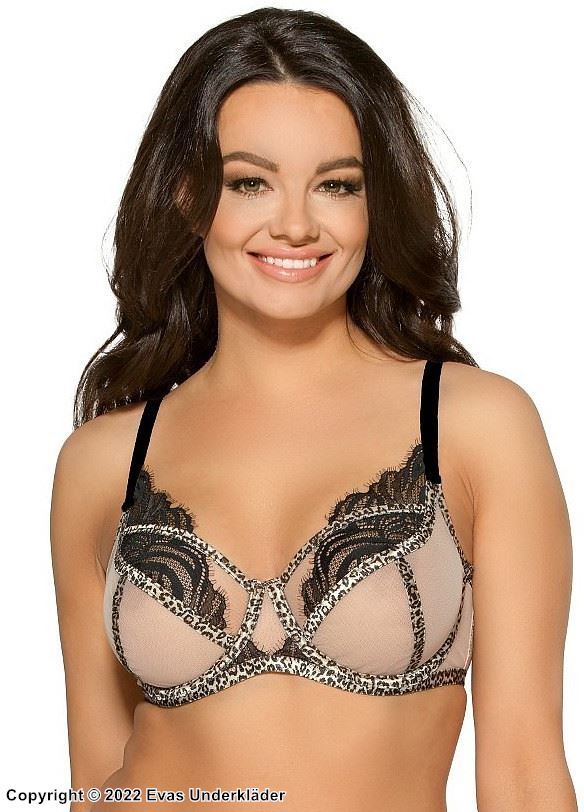 Big cup bra, sheer inlays, lace details, leopard, B to L-cup